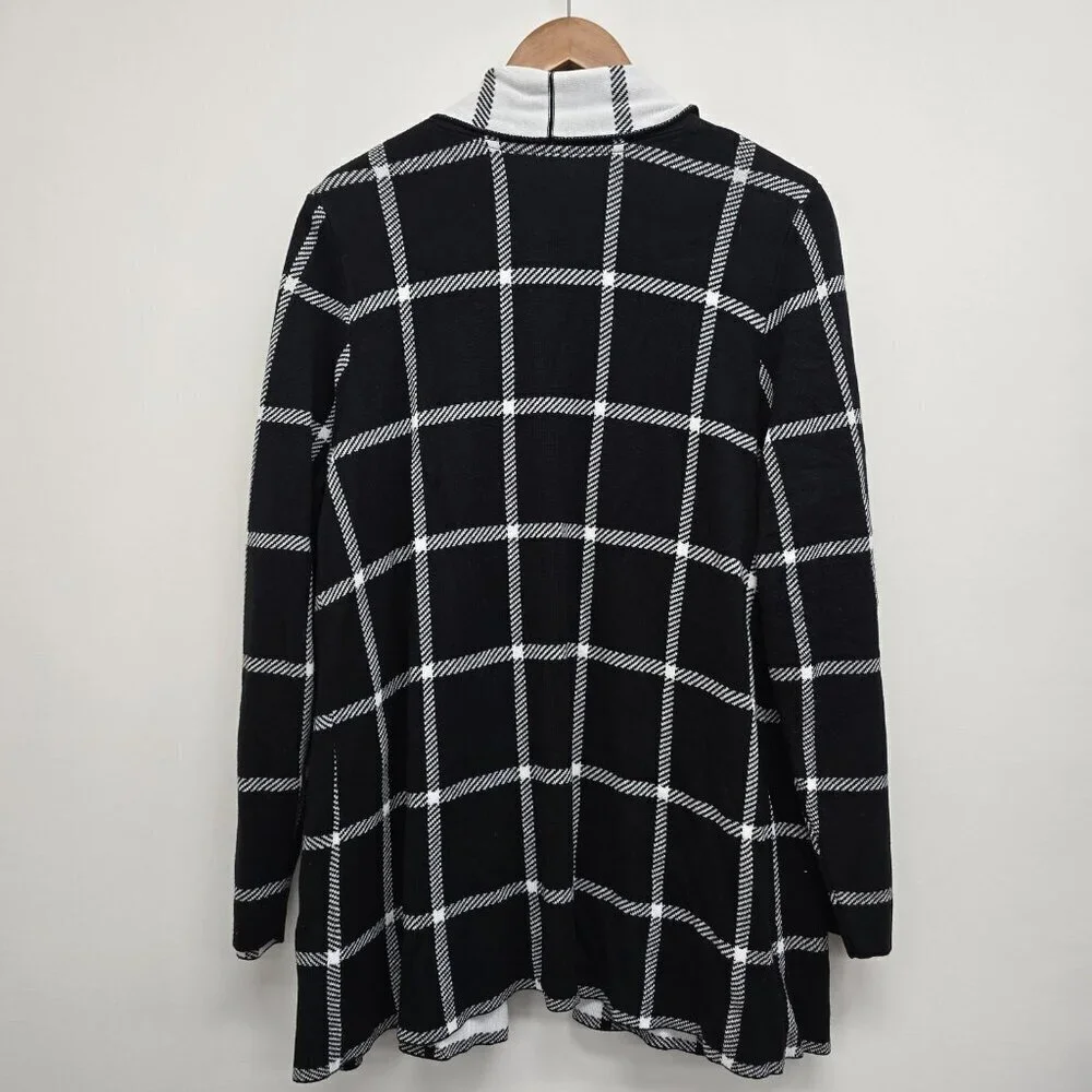 Leo & Nicole Thick Knit Open Front Cardigan Size 1X Grid Windowpane Black White
